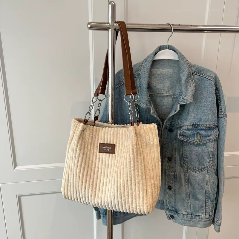 Women'S Corduroy Single Shoulder Handbag Cotton Shopping Bag Women'S Commuter Handbag, Suitable for Women'S Daily Travel Use-Ll