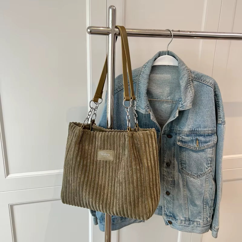 Women'S Corduroy Single Shoulder Handbag Cotton Shopping Bag Women'S Commuter Handbag, Suitable for Women'S Daily Travel Use-Ll
