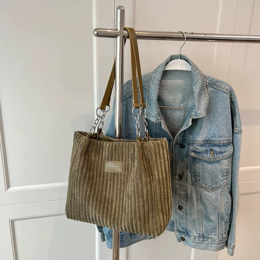 Women'S Corduroy Single Shoulder Handbag Cotton Shopping Bag Women'S Commuter Handbag, Suitable for Women'S Daily Travel Use-Ll