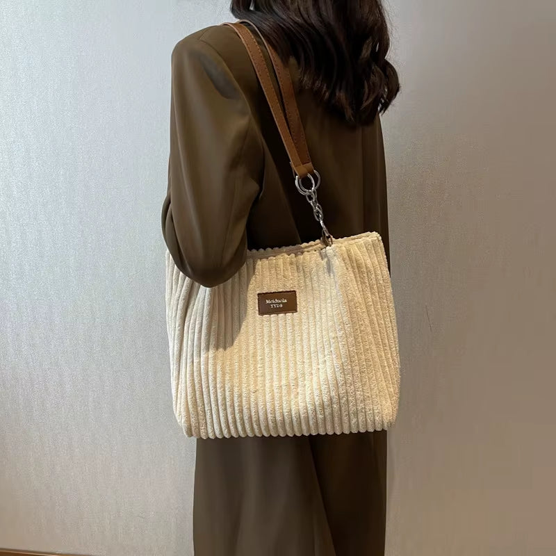 Women'S Corduroy Single Shoulder Handbag Cotton Shopping Bag Women'S Commuter Handbag, Suitable for Women'S Daily Travel Use-Ll